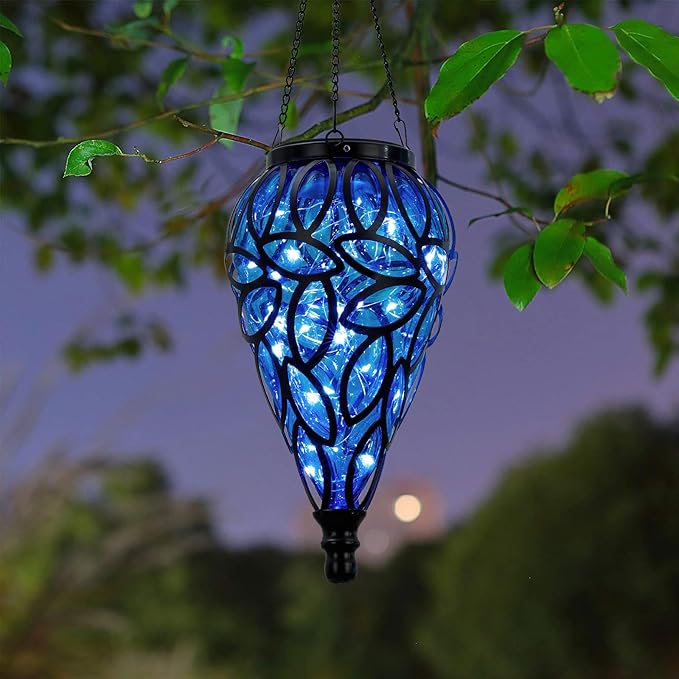 SUNNYPARK Outdoor Plastic Solar Hanging Lantern, 15 Cool White LEDs Twinkle Effect Tear-Shaped Hanging Lantern Decor Garden Decorative Solar Lights for Backyard, Patio and Lawn