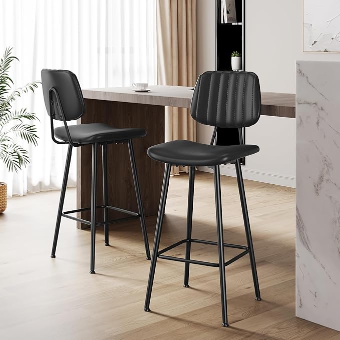29-Inch Leather Bar Stools Set of 3, Counter Height Barstools with High Backrest，Bar Chairs for Kitchen Island with Heavy Duty Metal Legs, Black
