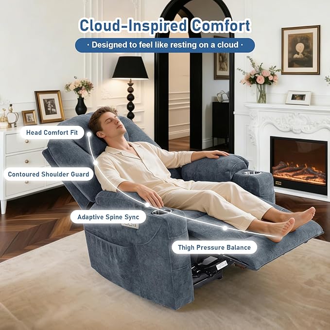 Electric Lift Recliner Chair, Overstuffed Zero-Gravity Recliner with Assisted Standing, Extra Wide Sofa with 8-Point Vibration Massage & Lumbar Heating, Medium-Soft, Blue