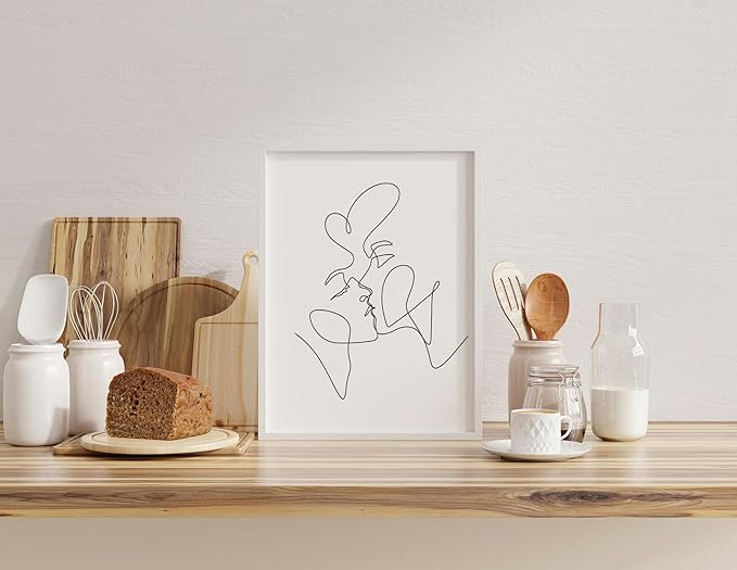 Minimalist Couple Art Wall Art Print Couple Kiss Abstract Line Drawing, Gallery Quality 11"x14" White Framed, Abstract Love Aesthetic Decor Bedroom Living Room