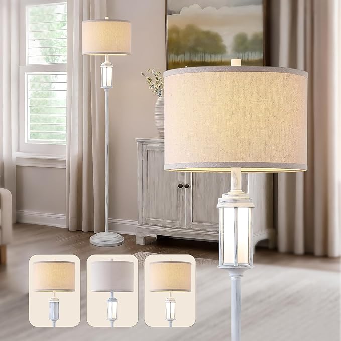 65" Vintage Floor Lamp with Night Light, Farmhouse Antique White Tall Standing Lamp with 2 Light Sources, Rustic Floor Lights for Living Room Bedroom Office Corner, Bulb Included