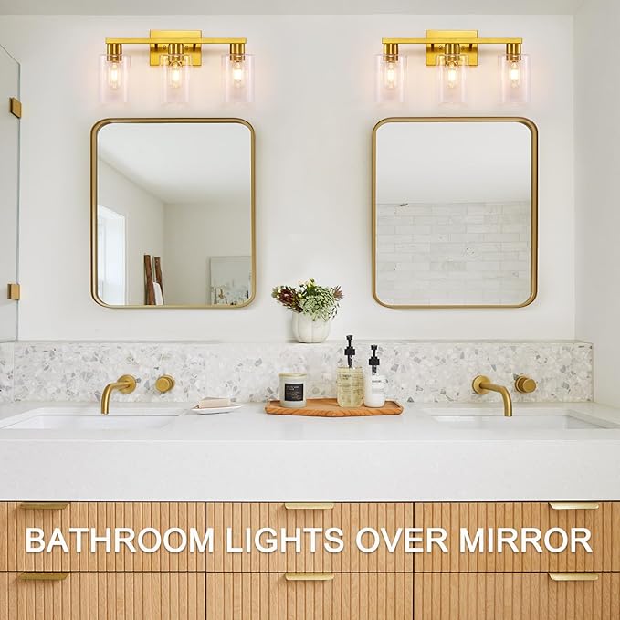 Gold 3-Light Bathroom Vanity Light, Modern Brushed Gold Vanity Lights with Clear Glass Shades, Bathroom Wall Sconce Lamp for Mirror Living Room Bedroom Hallway