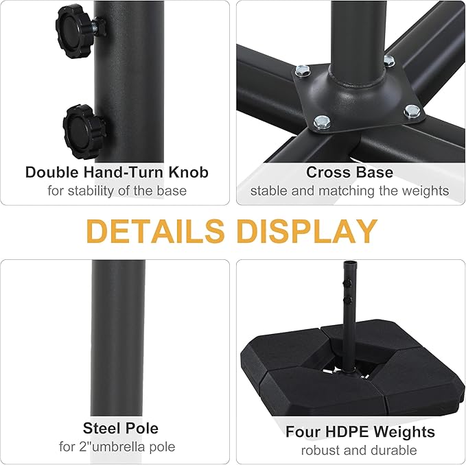 Outsunny 4-Piece Outdoor Patio Offset Umbrella Base Stand Weight Holder w/Cross Base for Powerful Support, 158lbs Sand or 132lbs Water Filled, Black