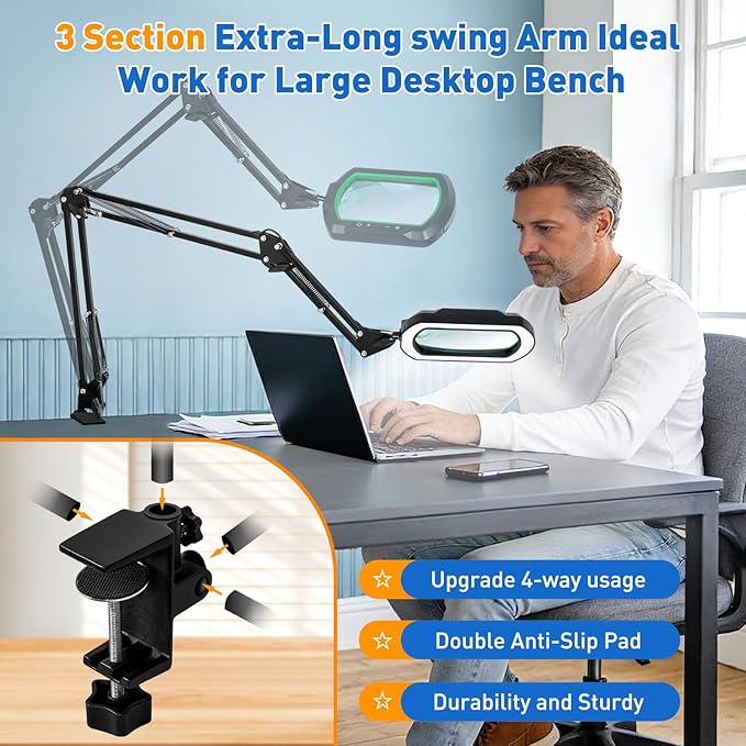 12X Ultra Long 3-Section Swing Arm Lighted Magnifying Glass, NUEYiO 5.3* 3.2" Rectangle Large Magnifier Lamp with Stand, 5 Color Modes LED, 4-way Metal Clip on Workbench Light for Reading Hobby Craft