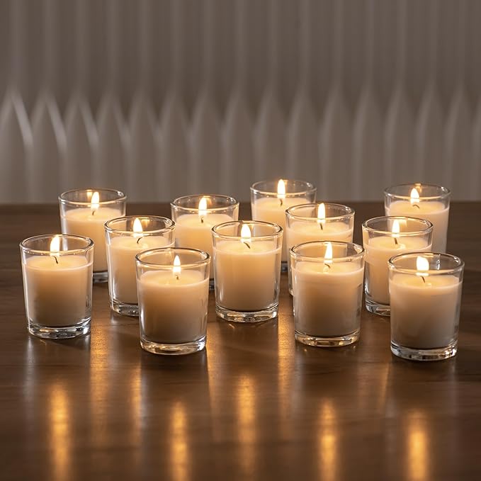 Housecret 72 Pack Warm White Unscented Clear Glass Filled Votive Candles. Hand Poured Wax Candle Ideal Gifts for Aromatherapy Spa Weddings Birthdays Holidays Party
