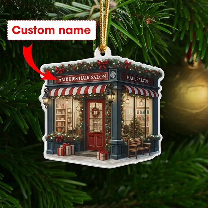 Personalized Hair Salon Christmas Ornament 2025, Custom Name Wooden or Acrylic Ornament, for Hairdresser, Stylist Keepsake, Beauty Salon Christmas Tree Decoration