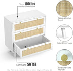 Anmytek White Dresser for Bedroom with 3 Drawers, Modern Wood 3 Drawer Dresser, White Chest of Drawer with Spacious Storage Rattan Dresser for Bedroom H0072