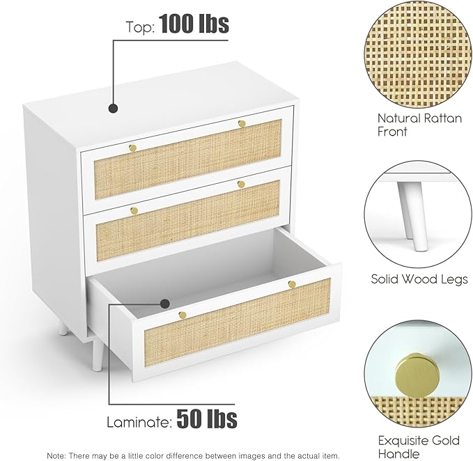 Anmytek White Dresser for Bedroom with 3 Drawers, Modern Wood 3 Drawer Dresser, White Chest of Drawer with Spacious Storage Rattan Dresser for Bedroom H0072