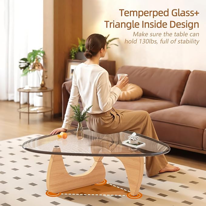 Coffee Table for Living Room Mid Century Modern Center Small Table with Glass Top and Wood, Original Transparent