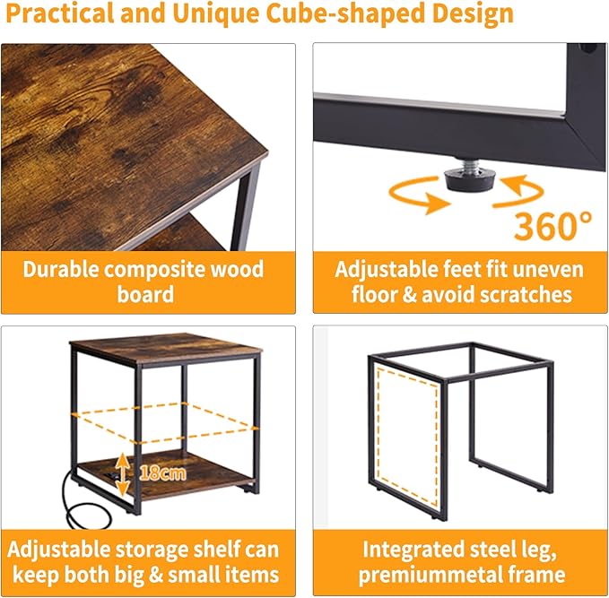 Square Side Table with Charging Station and USB Port, 20-inch Multi-Functional Side Table/Printer Table with Adjustable Storage Shelf, Retro Brown YD-TM153HD