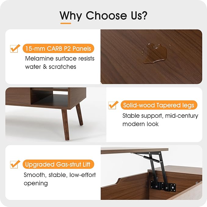 ALINE FURNITURE Walnut Brown Coffee Table Lift Top - Mid Century Modern Coffee Table with Wooden Legs, Hidden Storage Compartment & Open Shelves - 40" Wood Coffee Tables for Living Room & Small Space