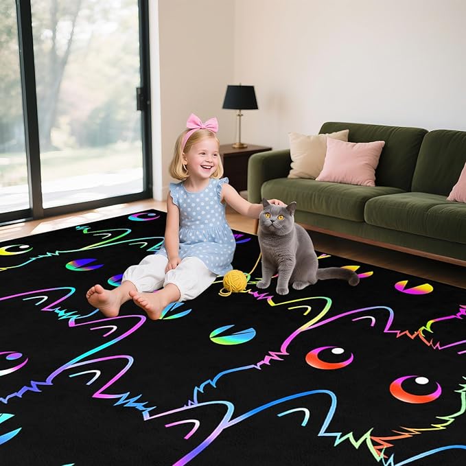 Black Cat Rug Large Kids Cat Carpet for Girls Room Decor, Funny Cats Rugs Room Decor Playroom Cute Cats Themed Kids Area Rug Washable Non Slip Childrens Bedroom Mat 4.5x6 Feet