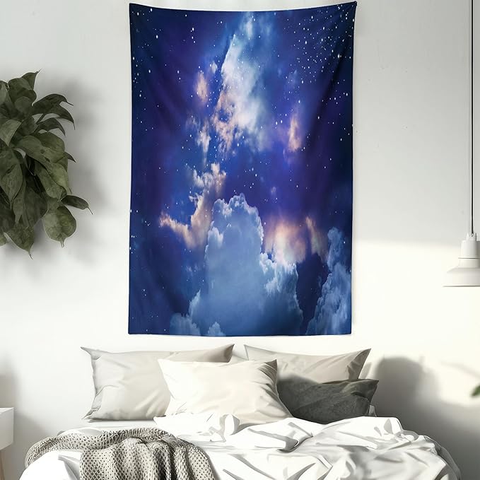 Ambesonne Space Tapestry Twin Size, Magic Sky View with Star and Clouds Celestial Colorful World Cosmic Expanse Theme, Wall Hanging Bedspread Bed Cover Wall Decor, 68" X 88", White and Blue