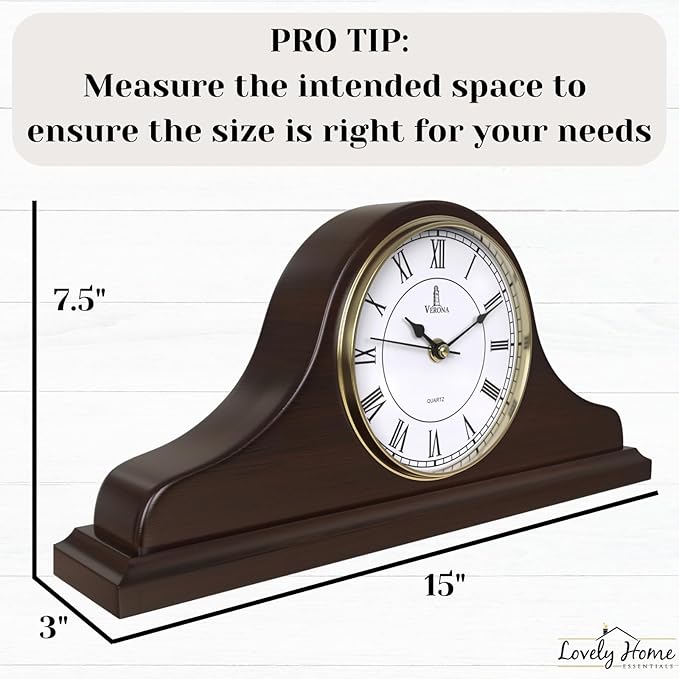 Mantel Clock Battery Operated - Wooden Mantle Clock - 15x7.5 - Silent, Made of Real Wood & Easy to Read - for Living Room Decor Above Fireplace Mantel, Office, Shelf, Table & Home Décor Gift