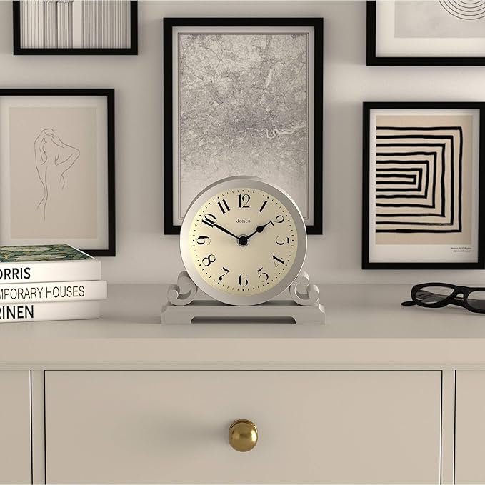 JONES CLOCKS® Saloon Mantel Clock | Traditional Double Scroll Design | Gray | Contemporary Classic Style for Desk, Table, Shelf or Bedside