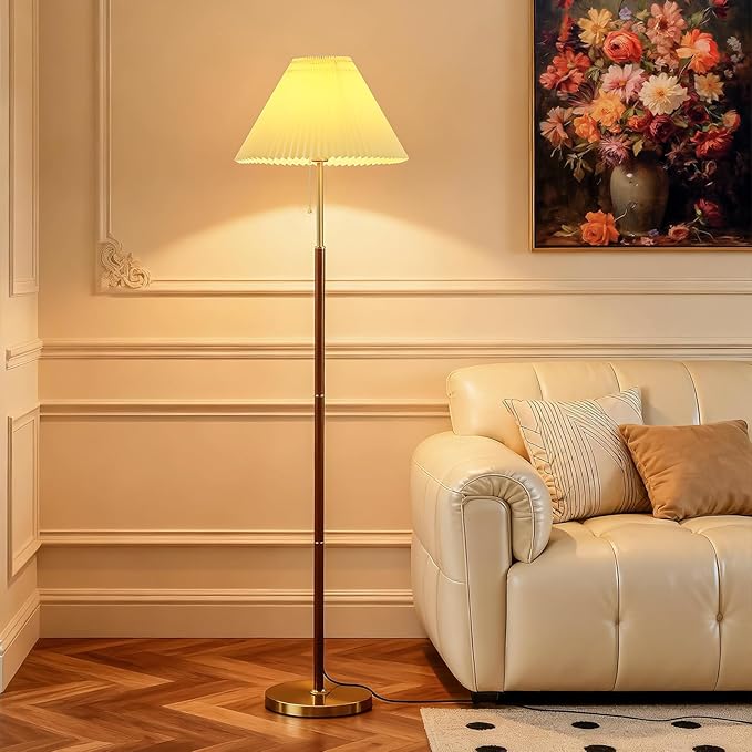 Pleated Lampshade Tall Floor Lamp for Living Room Corner Bedroom Bedside Office, Brown Pole Lamp, Bright 12W Dimming Reading Light, Modern Cute Unique Retro Standing lamp,Farmhouse Vintage Home Decor