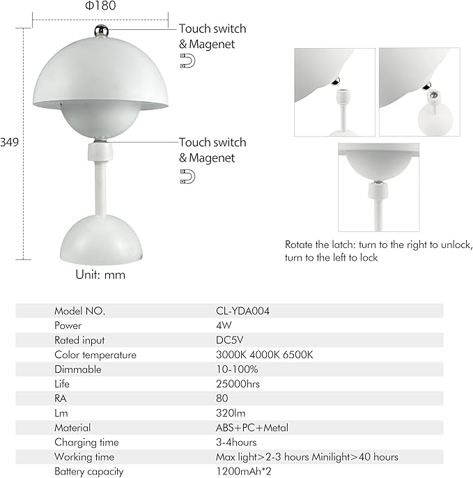 Detachable Magnetic Head Desk Lamp,Rechargeable Battery Powered Table Lamp,Dimmable Type-C Charging,Cordless Table Lamp for Reading Study Bedside