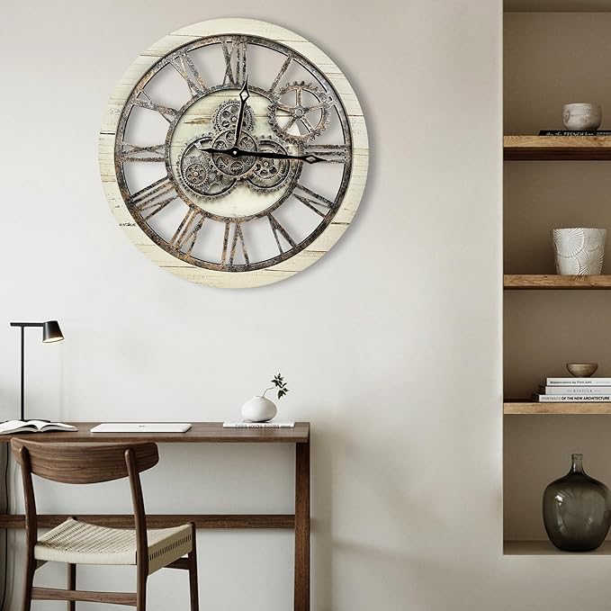 The B-Style Large Wall Clock 24 inch Moving Gear Wall Clock Oversized Vintage Farmhouse Wall Clocks for Living Room Decor Rustic Industrial Wood Clock (Desert Beige and Bronze, 36 inch/90cm)