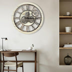 The B-Style Large Wall Clock 24 inch Moving Gear Wall Clock Oversized Vintage Farmhouse Wall Clocks for Living Room Decor Rustic Industrial Wood Clock (Desert Beige and Bronze, 36 inch/90cm)