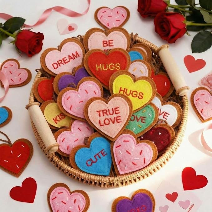 Tatuo 24 Pcs Valentines Felt Heart Ornaments for Tree Decorations Felt Conversation Heart Ornaments Colorful Hanging Valentines Day Tree Decor for Home Decor Party Decoration DIY Crafts