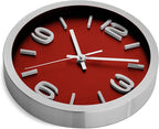 Bernhard Products Metal Wall Clock Modern Silver & Wine 10 Inch Silent Non Ticking, Red Round Elegant Quality Quartz Battery Operated for Home Kitchen Living Room Office, 3D Numbers