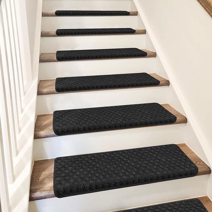PURE ERA Bullnose Carpet Stair Treads Tape Free Non-Slip Indoor Stair Protectors Pet Friendly Stair Treads for Wooden Steps 9.5" x 30"(14 Pieces,Black Mini-Diamond Trellis)