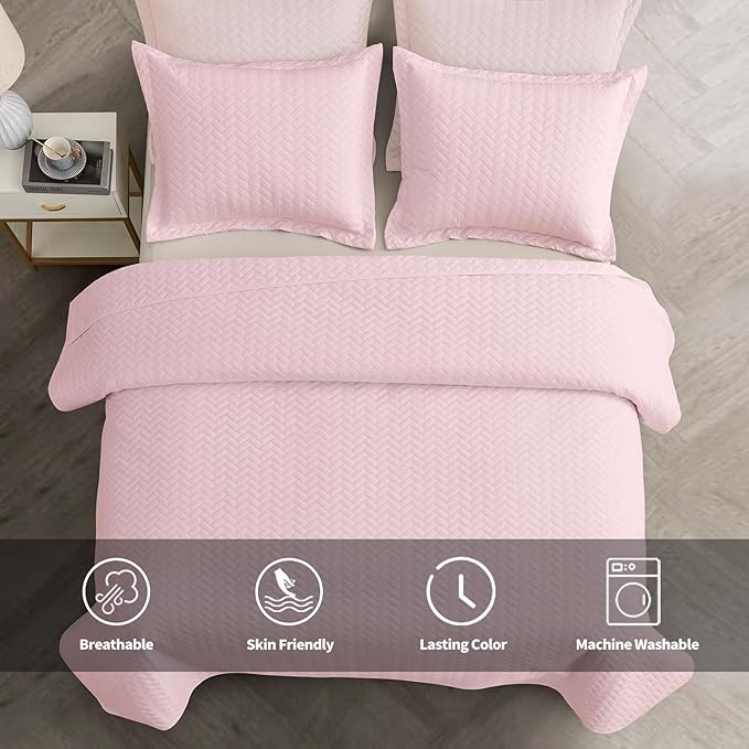 Maple&Stone Quilt Set King Size, Lightweight Pink Bedspread Ultrasonic Chevron Pattern Light Coverlet for All Season Comforter Bedding Decor - 3 Piece King Bed Cover Sets