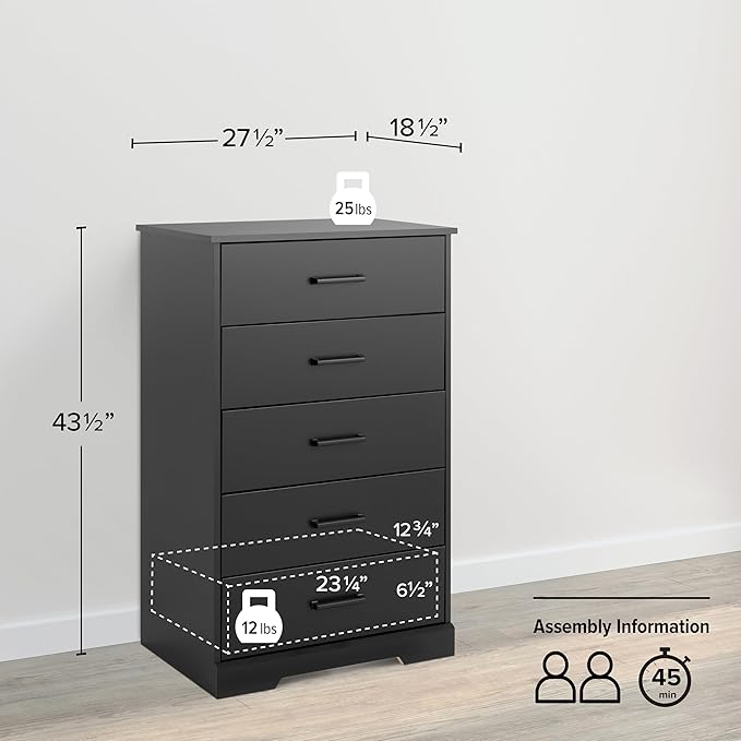 Prepac Rustic Ridge Farmhouse Dresser, Black Dresser for Bedroom, Chest of Drawers with 5 Drawers 18.5" D x 27.5" W x 43.5" H, BBDR-1605-1