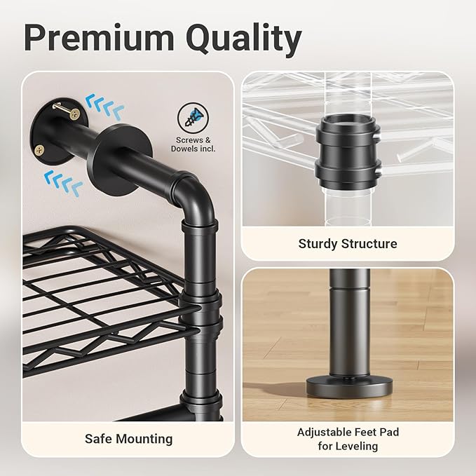 Timate U4 U Shape Garment Rack Heavy Duty Clothes Rack for Hanging Clothes, Expandable Industrial Pipe Clothing Rack Wall Mounted Closet Extra Large Closet Rack Walk in Closet System, Closet Kit Black