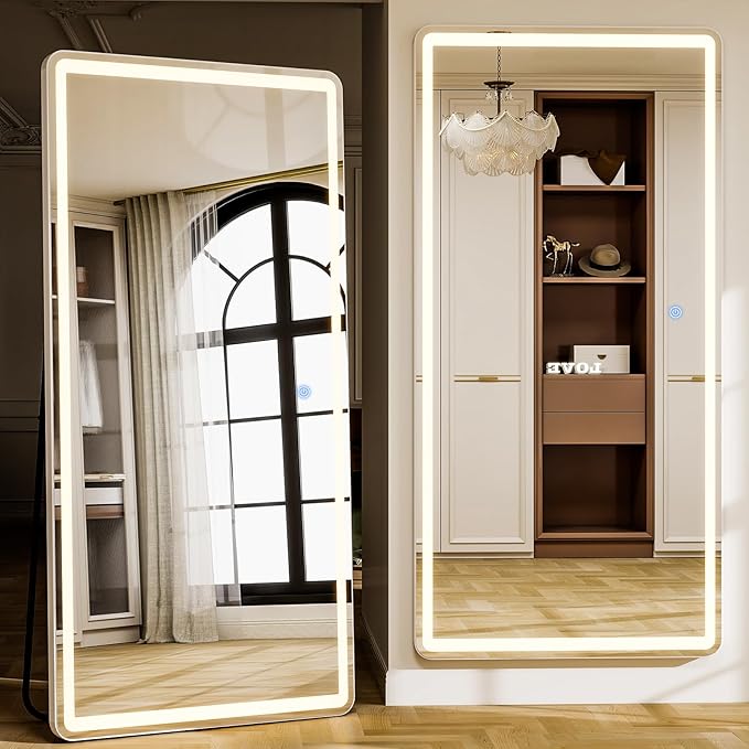 GLSLAND LED Full Length Mirror 71x32 inch Oversized Body Mirrors with Lights Wall Mounted Hanging Floor Standing Mirror for Bedroom, Living Room, Cloakroom, White