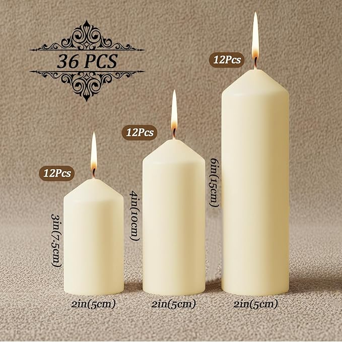 36 Pack Ivory Pillar Candles Bulk Set, 2x3 2x4 2x6 Inch - 12 Each Size, Dripless Smokeless Clean Burning for Wedding Centerpieces, Home Decor, Church, Romantic Ambiance！