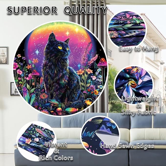 Dermijer Blacklight Black Cat Tapestry UV Reactive Moon Stars Floral Wall Hanging Tapestry Moonlit Garden Home Decor for Bedroom Living Room Dorm 59.1L x 51.2W