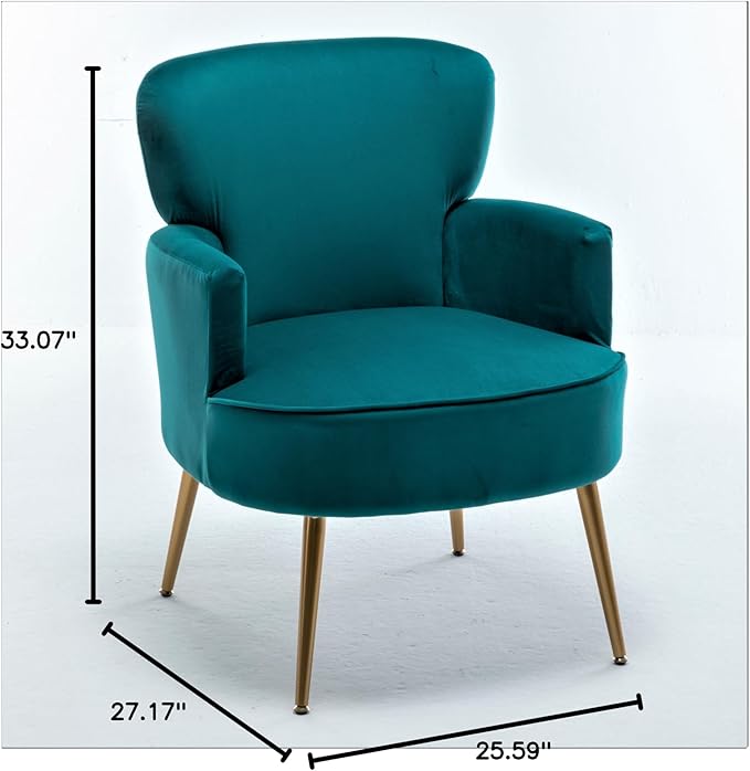 Trendy Velvet Accent Chair with Gold Metal Legs, Upholstered Armchair for Small to Mid-Size Spaces, Modern Living Room, Bedroom, Vanity Desk and Entryway, Greenish Blue