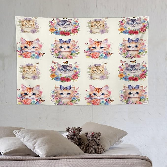 VUMIVI Watercolor Flower Cat Tapestry Colorful Cartoon Cute Animals Butterflies Abstract Art Print Tapestry Wall Hanging for Living Room Bedroom Dorm Classroom Aesthetic Decor W60xL40in