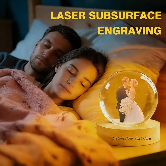 QYH Personalized 3D Crystal Photo Snow Globe, 3D Engraved Memory Sphere with Wooden Base, LED Night Light, Custom Gifts for Pets, Couples, Babies, Parents, Anniversary, Christmas, Birthday