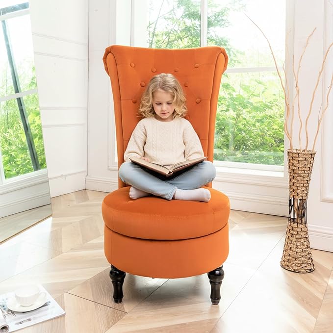 Royal High-Back Velvet Accent Chair for Vanity with Storage and Luxurious Upholstery, Retro Design and Versatile Usage for Livingroom, Bedroom, Lounge and Office, Red Orange