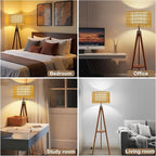 Rattan Wood Floor Lamp Tripod with Shelves, Mid Century Modern Floor Lamps for Living Room, 3 Color Temperatures with Foot Switch, Boho Standing Lamp for Bedroom Decor Walnut Brown Tall Lamps
