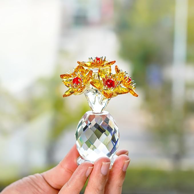 Yellow Glass Flower Bouquet Collectible Figurines Crystal Flower Ornament Wedding Anniversary for Women Wife