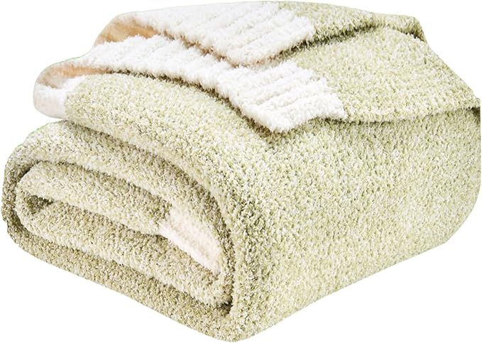 CozeCube Super Soft Fullfy Microfiber Reversible Knitted Blankets, Warm Cozy Fuzzy Plush Throw, Sage Green and White Melange Throw Blanket for Couch Bed Sofa, 50" x 60"