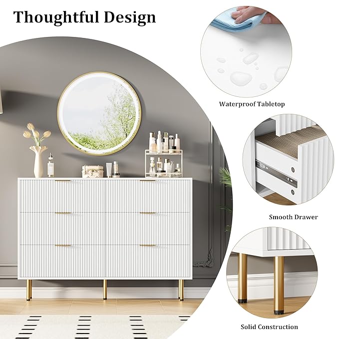 GarveeHome 6 Drawers Dresser for Bedroom, Fluted Dresser Chest of Drawers with Handle, Wood Modern Dressers for Closet, Bedroom Furniture Storage Organizer for Living Room, Hallway