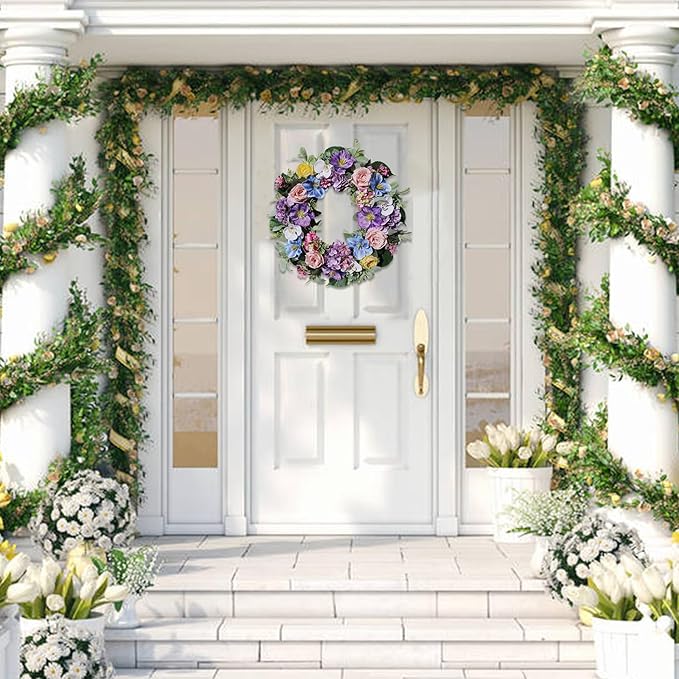 24 Inch Spring Summer Wreaths for Front Door, Spring Summer Door Wreaths, Artifical Floral Flowers Wreath with Purple Hydrangea,Pink Rose,Blue Tulip,Large Wreaths for Spring Summer Outdoor Home Decor