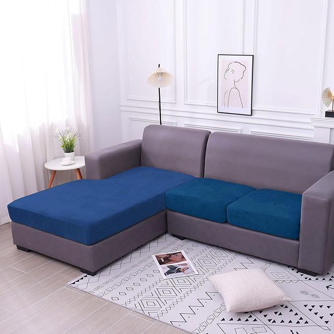 hyha Velvet Couch Cushion Covers, Stretch Chaise Lounge Sectional Couch Seat Covers L Shape for Sectional Sofa, Soft Sofa Cushion Slipcover Washable with Elastic Bottom(Chaise, Royal Blue)