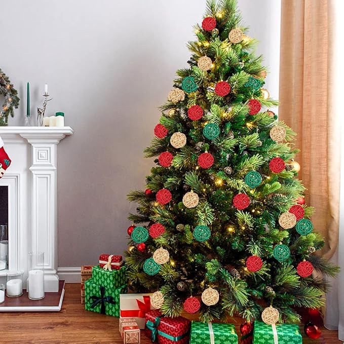 DomeStar 24PCS Christmas Decorative Balls for Bowl Centerpiece, 2 Inch Rattan Balls Bowl Fillers Decor, Wicker Twig Orbs Spheres, Home Vase Table Xmas Tree Hanging Decor(Red and Green)