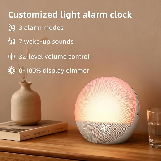 Sunrise Alarm Clock White Noise Machine: Natural Wake Up Light - Dimmable Clock with Bluetooth Speaker for Bedroom - 25 Sleep Sounds for Baby Adults Kids Putty
