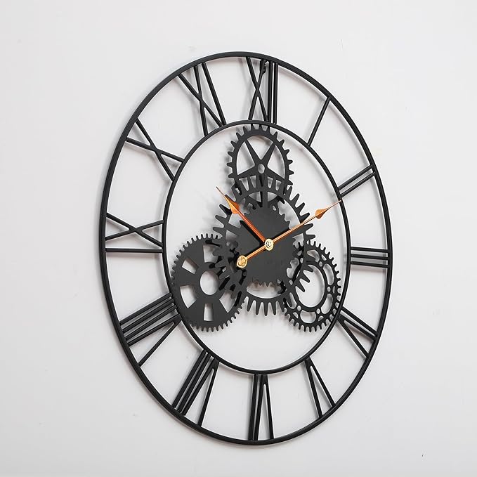 Steampunk Wall Clock 24 Inch, Industrial Metal Gears with Roman Numerals, Retro Distressed Finish Mechanical Art for Bar, Living Room, Cafe Decor