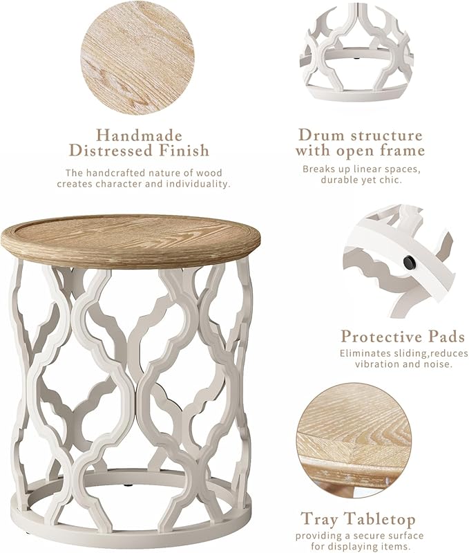 karlott Farmhouse End Table, 18.5'' French Country Round Side Table, Distressed Tray Top Side Table with Curved Motif Frame Base for Boho, End Tables Living Room, Bedroom, Small Space, Easy Assembly