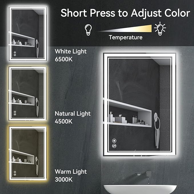 24“ x 32” LED Mirror for Bathroom LED Bathroom Mirror Anti-Fog Dimmable 3 Colors Bathroom Mirror with Lights Smart Mirror Memory Wall Mounted Front and Backlit Horizontal/Vertical
