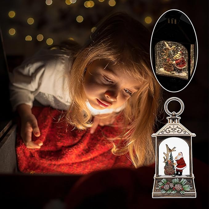 9.6" Christmas Snow Globe Lantern with Santa Claus - Water Swirling Glitter LED Light Musical Lantern with Exterior Decor - Vintage Xmas Gifts - USB Plug or Battery Operated Home Decor (Santa & Bear)