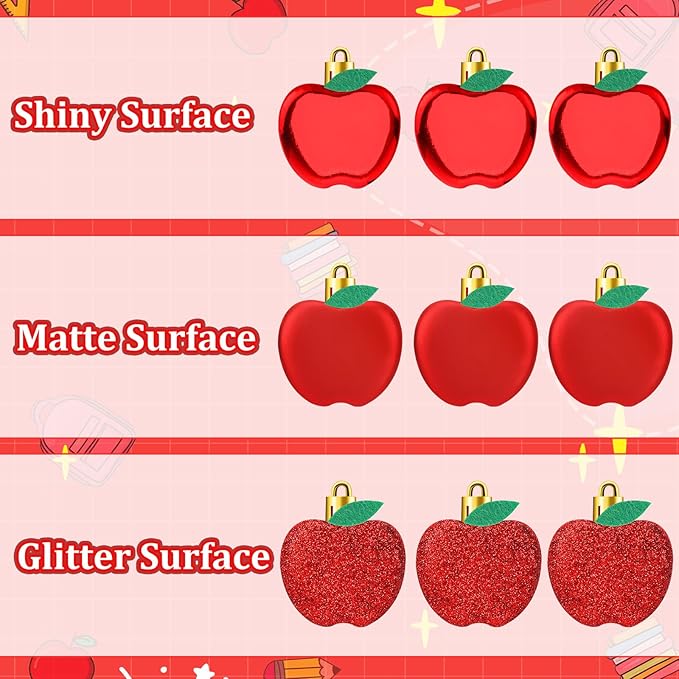 JULMELON 24Pcs Back to School Ornaments, A-pples Tree Decorations Red Shiny Matte Glitter Apples Hanging Ornaments with Rope for First Day of School Party Birthday Classroom Supply Decorations