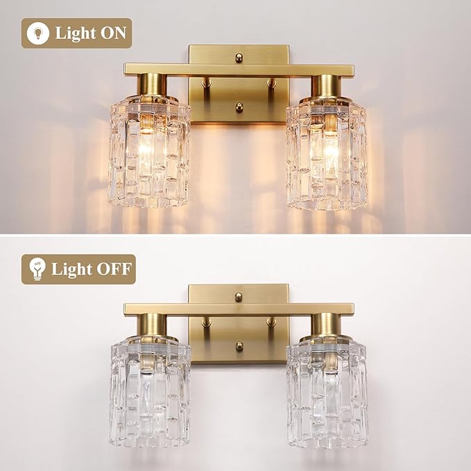 2 Light Brushed Gold Bathroom Vanity Light Over Mirror, Modern Vanity Lighting with Crystal Glass Shade, Wall Mount Bathroom Light Fixtures, E26 Base